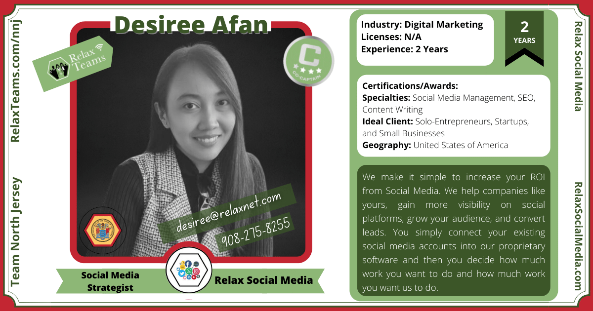 Photo and details of Desiree Afan, Social Media Strategist representing Relax Social Media