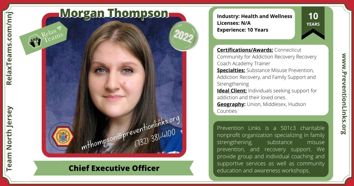 Photo and details of Morgan Thompson, CEO of Prevention Links a 501c3 charitable nonprofit organization specializing in family strengthening, substance misuse prevention, and recovery support.