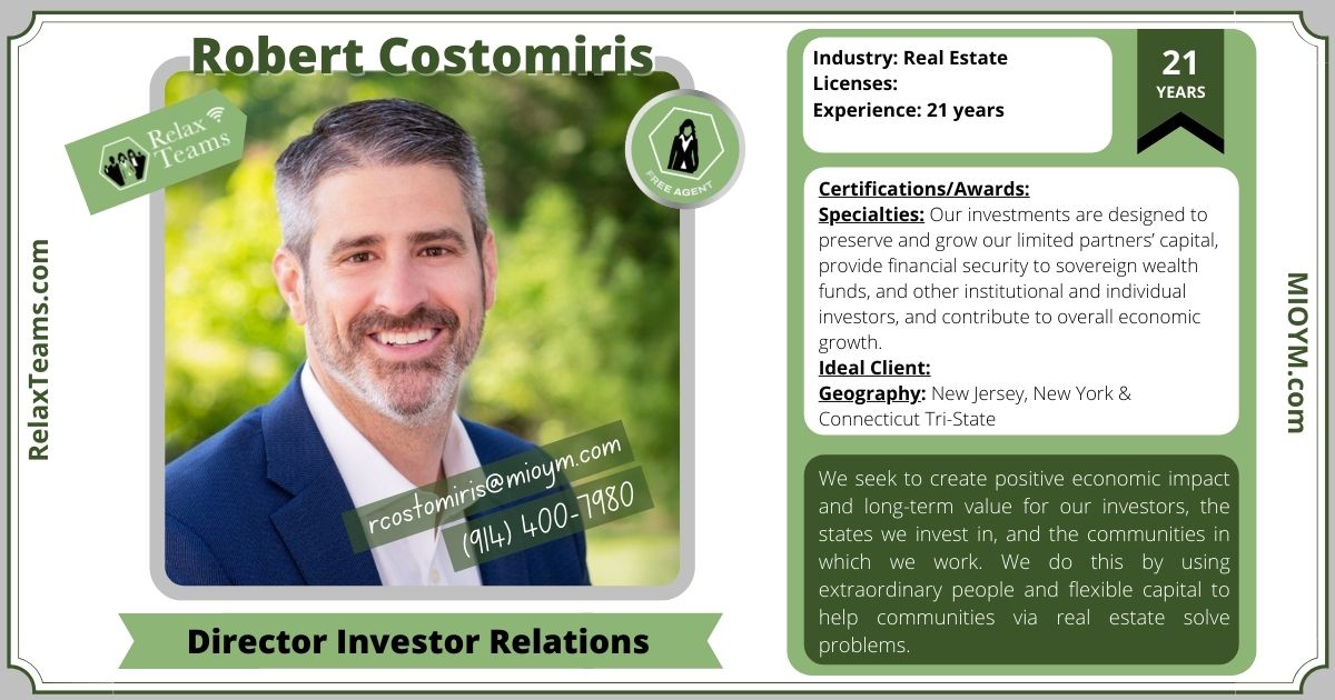 Photo and details of Robert Costomiris a director investor relations offering real estate investment opportunities